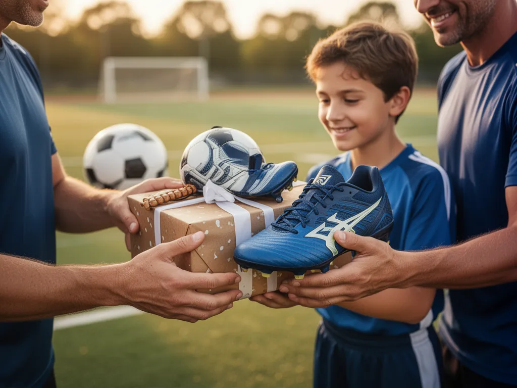 [hands exchanging sports equipment between parent and young athlete outdoors, showing mentorship and celebration]