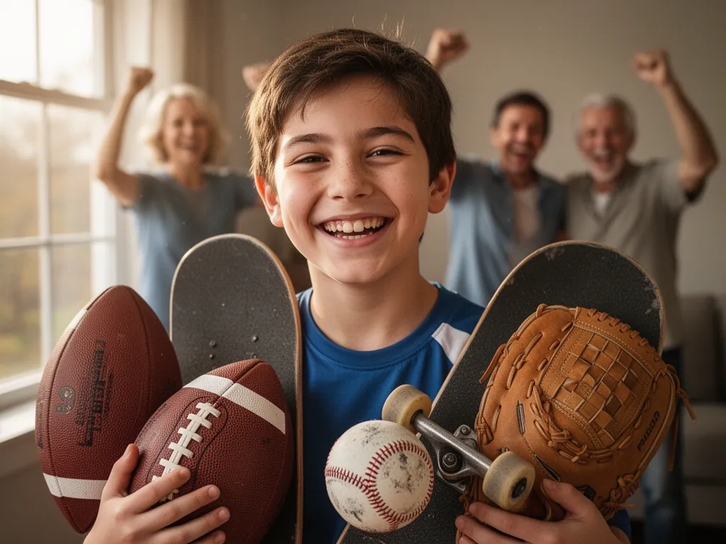 Young teen boy smiling while holding various sports gear with celebrating family members in background