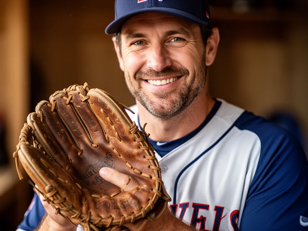 [Father proudly displaying well-worn leather baseball glove with warm emotional expression]