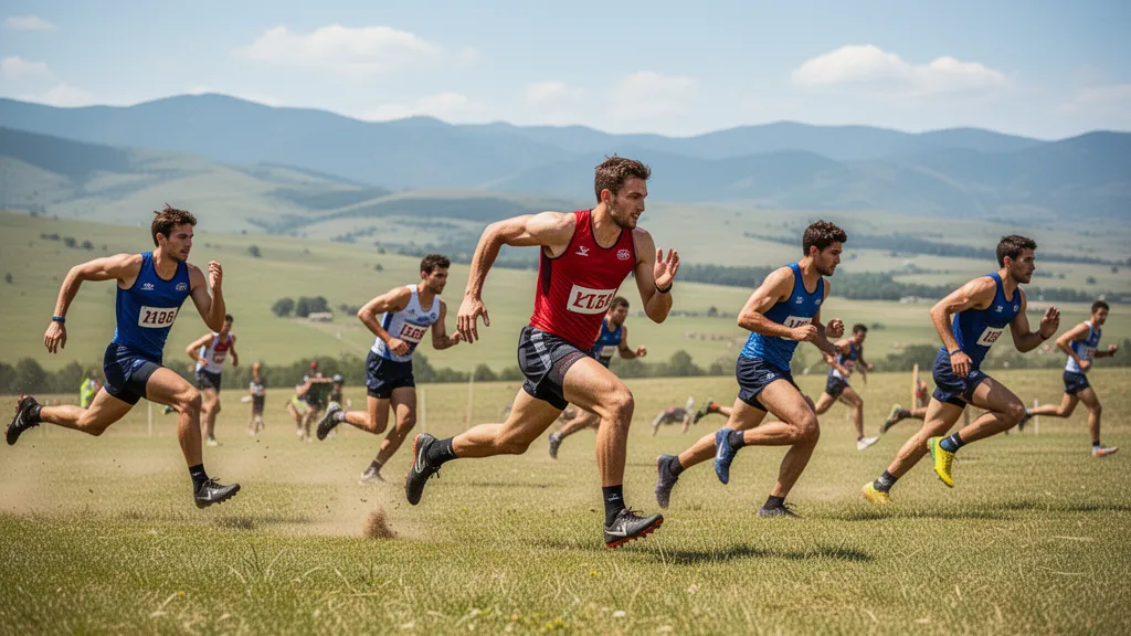 Multiple male athletes in action during outdoor sports competition with natural lighting and dynamic movement.