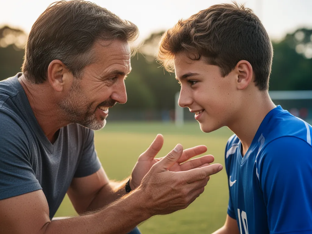 Coach mentoring young athlete with genuine encouragement and support during outdoor sports training session.