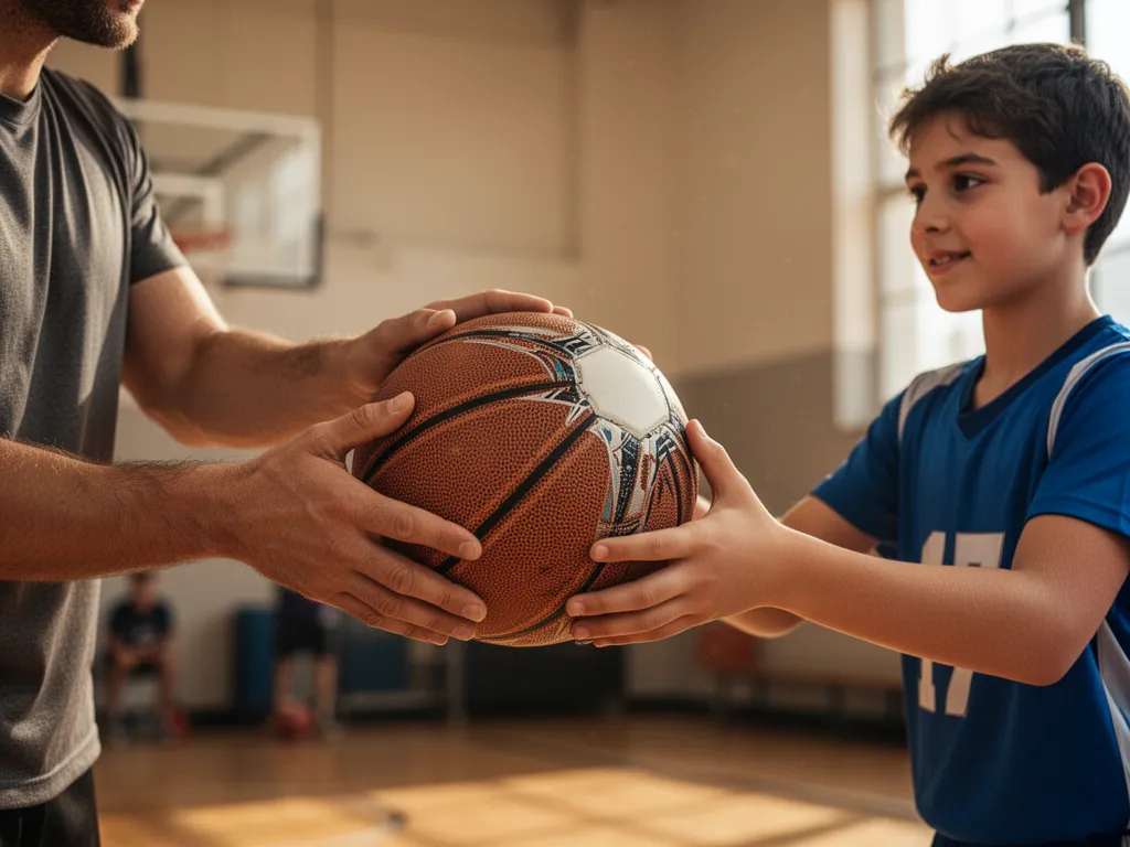 [Hands passing sports equipment between mentor and young athlete in supportive moment]