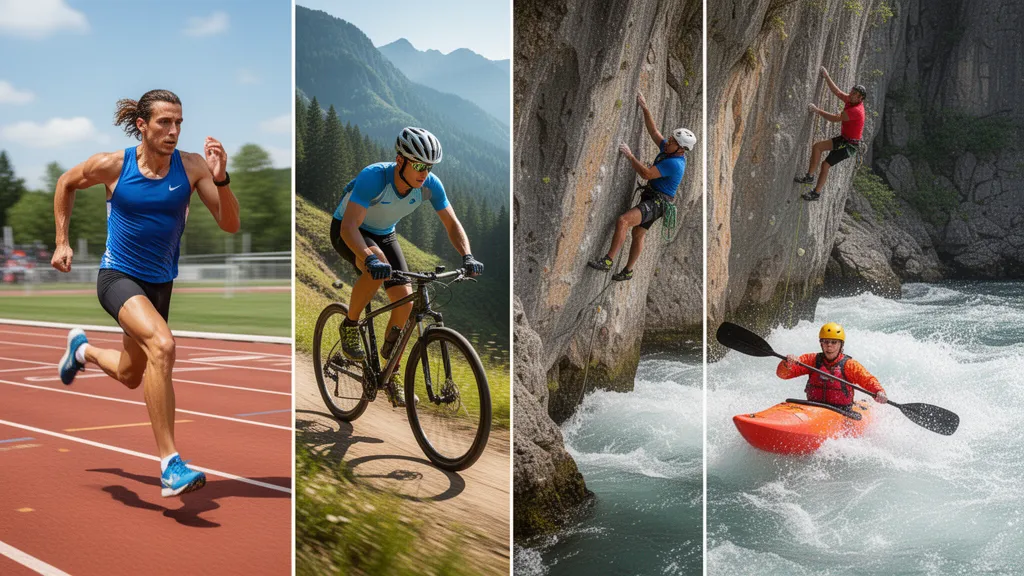 Multiple athletes competing in different sports including running, cycling, climbing, and kayaking in outdoor natural lighting.