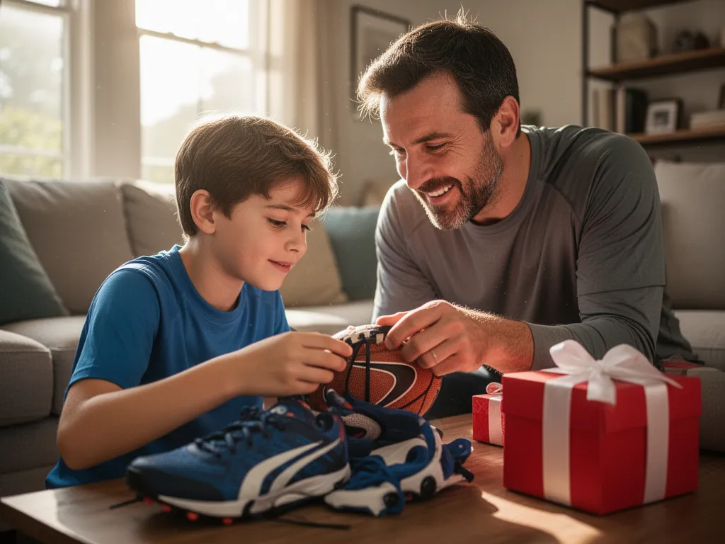 Father and young son smiling while looking at sports equipment together indoors with natural window light.