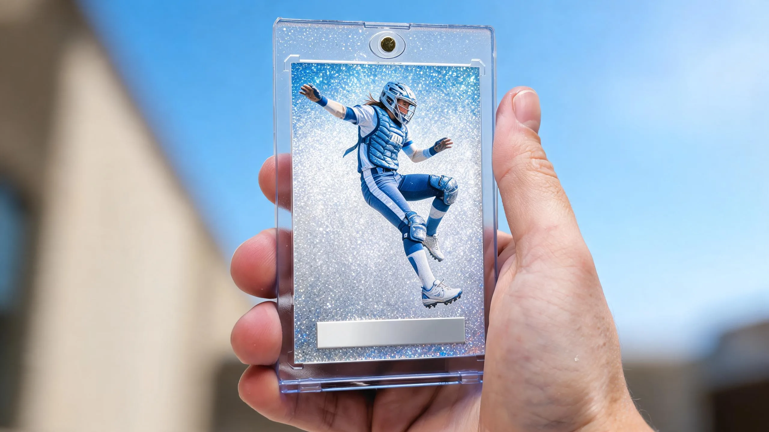 Hand holding magnetic case with silver-blue athlete card, sports gift ideas keepsake concept.