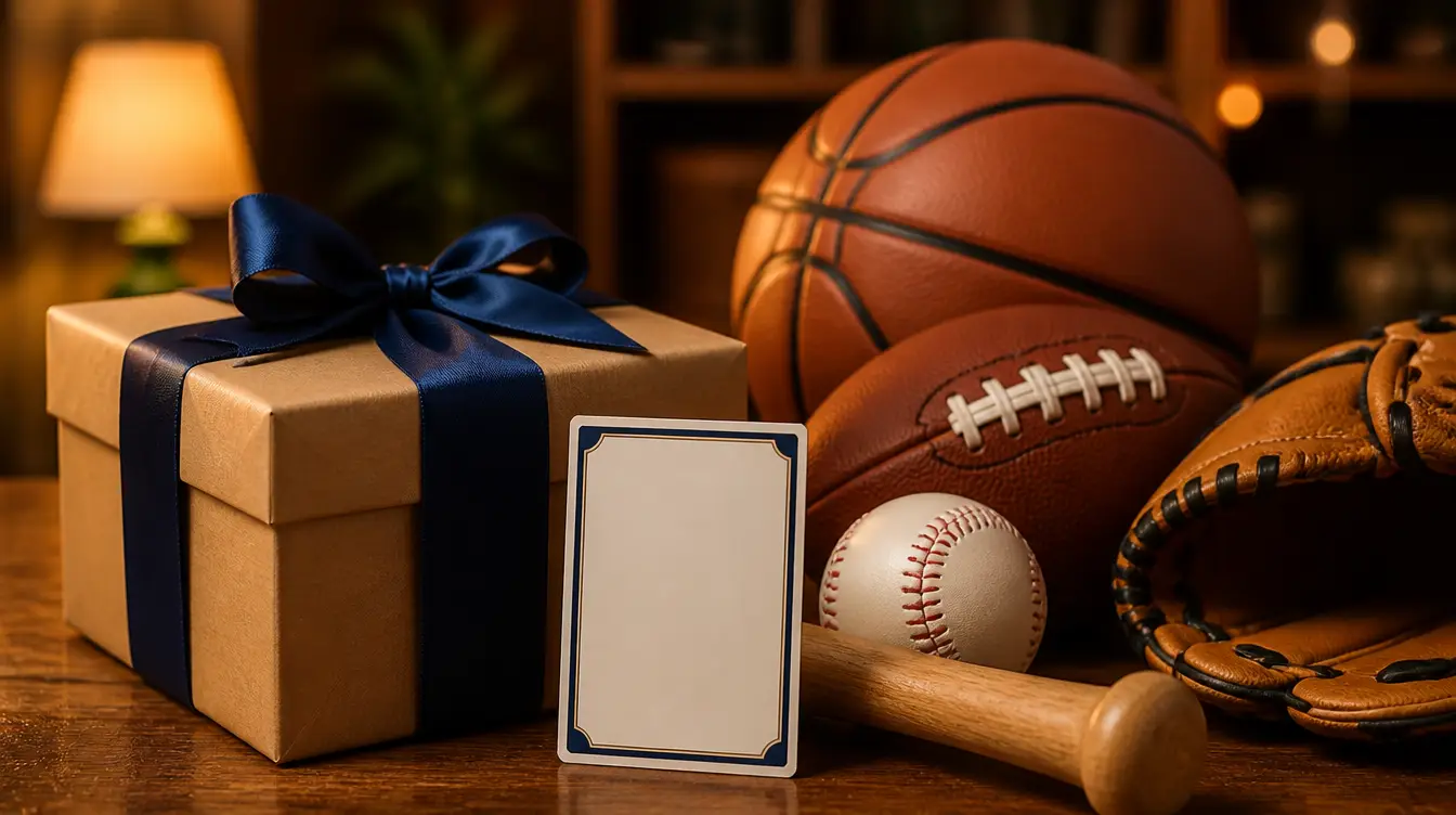 A wrapped gift box beside sports equipment and a blank trading card