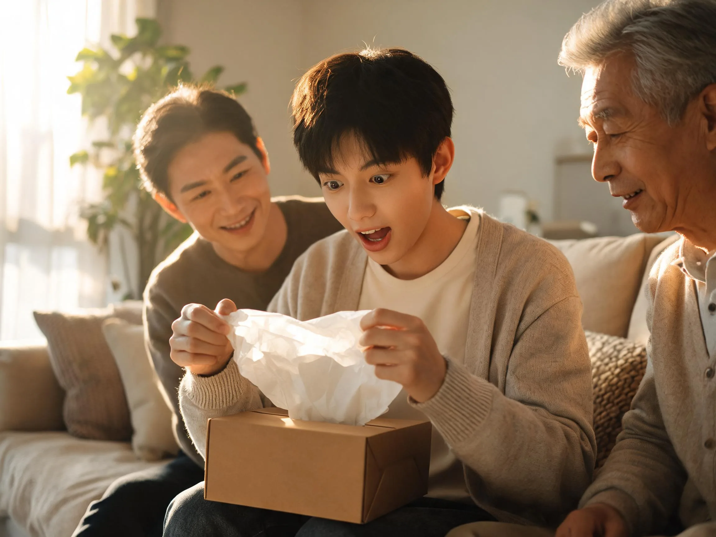 Family sharing joyful surprise during a heartfelt gift-unwrapping moment at home.