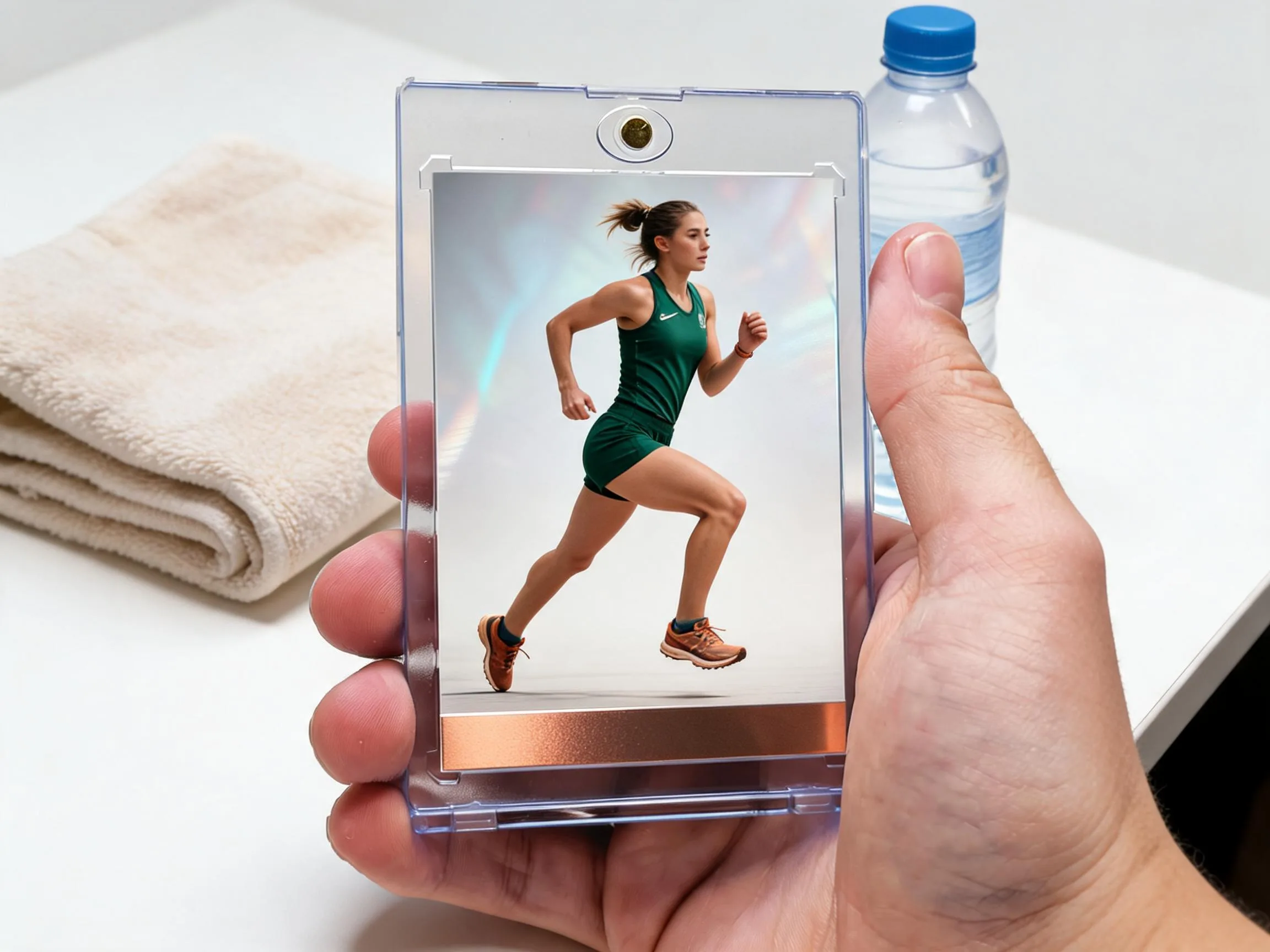 Custom keepsake trading card in clear magnetic case on white tabletop display.