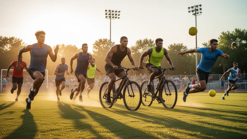 Multiple athletes competing outdoors in various sports under natural sunlight with dynamic motion and energy