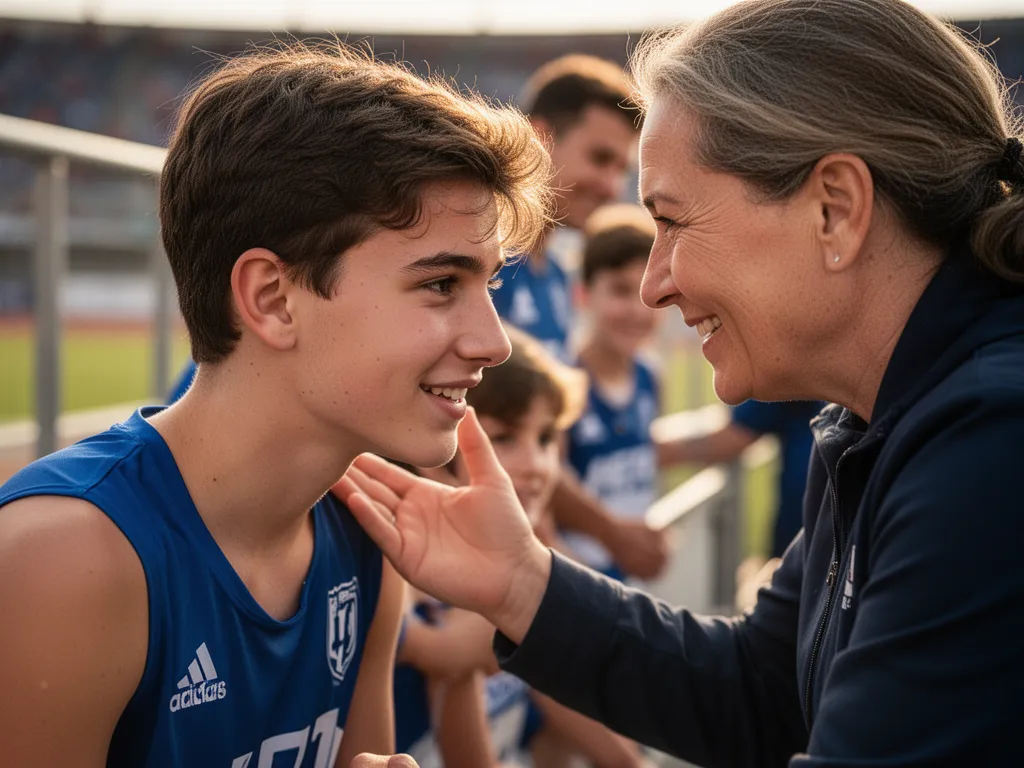 Parent or coach supporting young athlete with encouraging gesture and genuine emotional connection moment