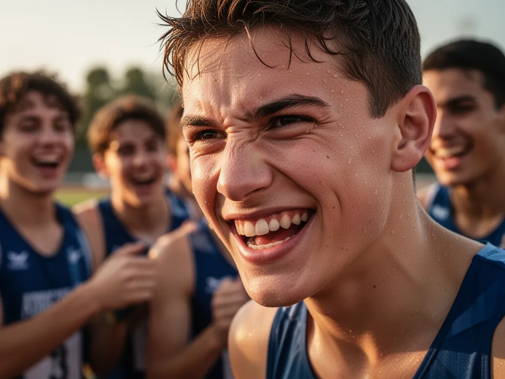 Young athlete's face expressing joy and determination mid-competition with supportive teammates visible in warm natural light background