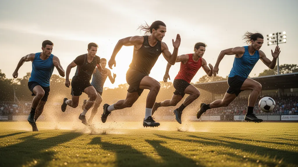 Multiple athletes in motion during outdoor sports activity with natural golden hour lighting and dynamic energy