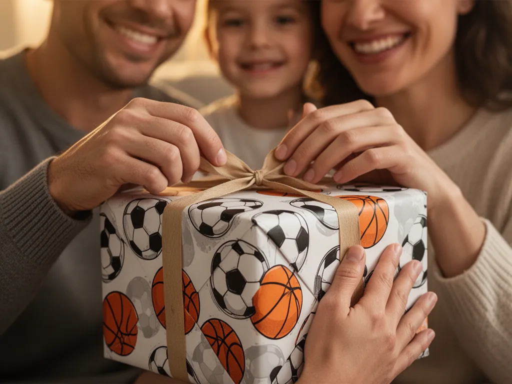 Parent wrapping sports-themed gift box with hands showing care and attention to detail