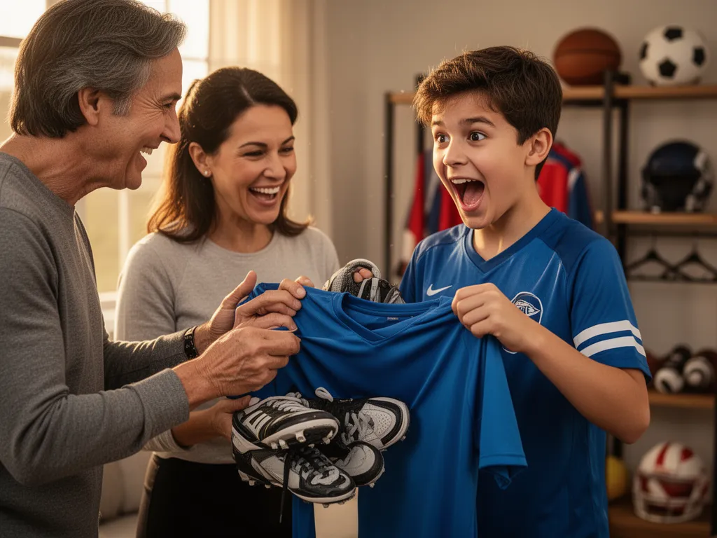 [Parent gifting sports equipment to excited child showing genuine emotion and celebration]