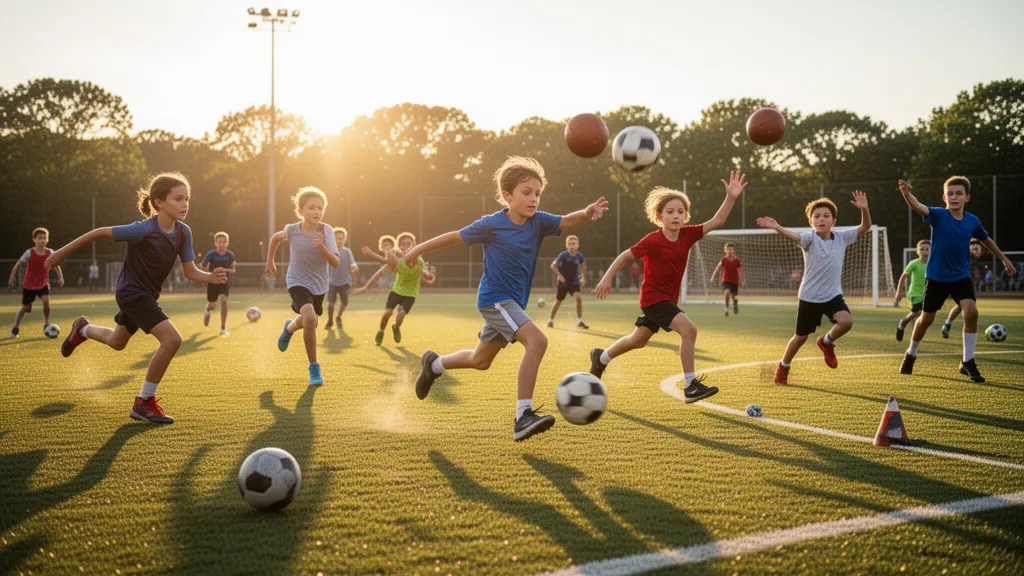 Group of young boys playing various sports outdoors in natural sunlight with energetic movement