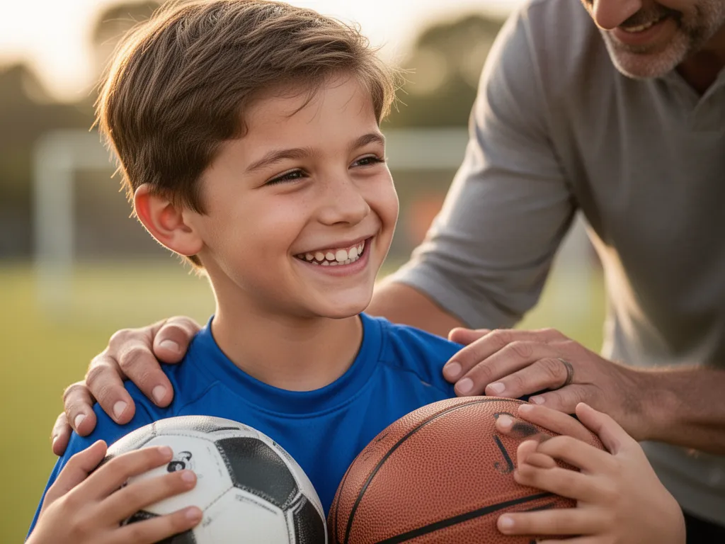 Young boy beaming with pride while holding sports gear with parent encouragement nearby