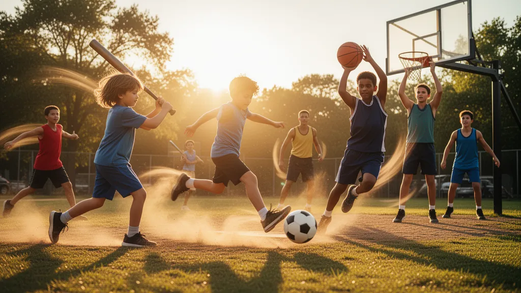 Young athletes playing various sports simultaneously with dynamic motion and natural outdoor lighting