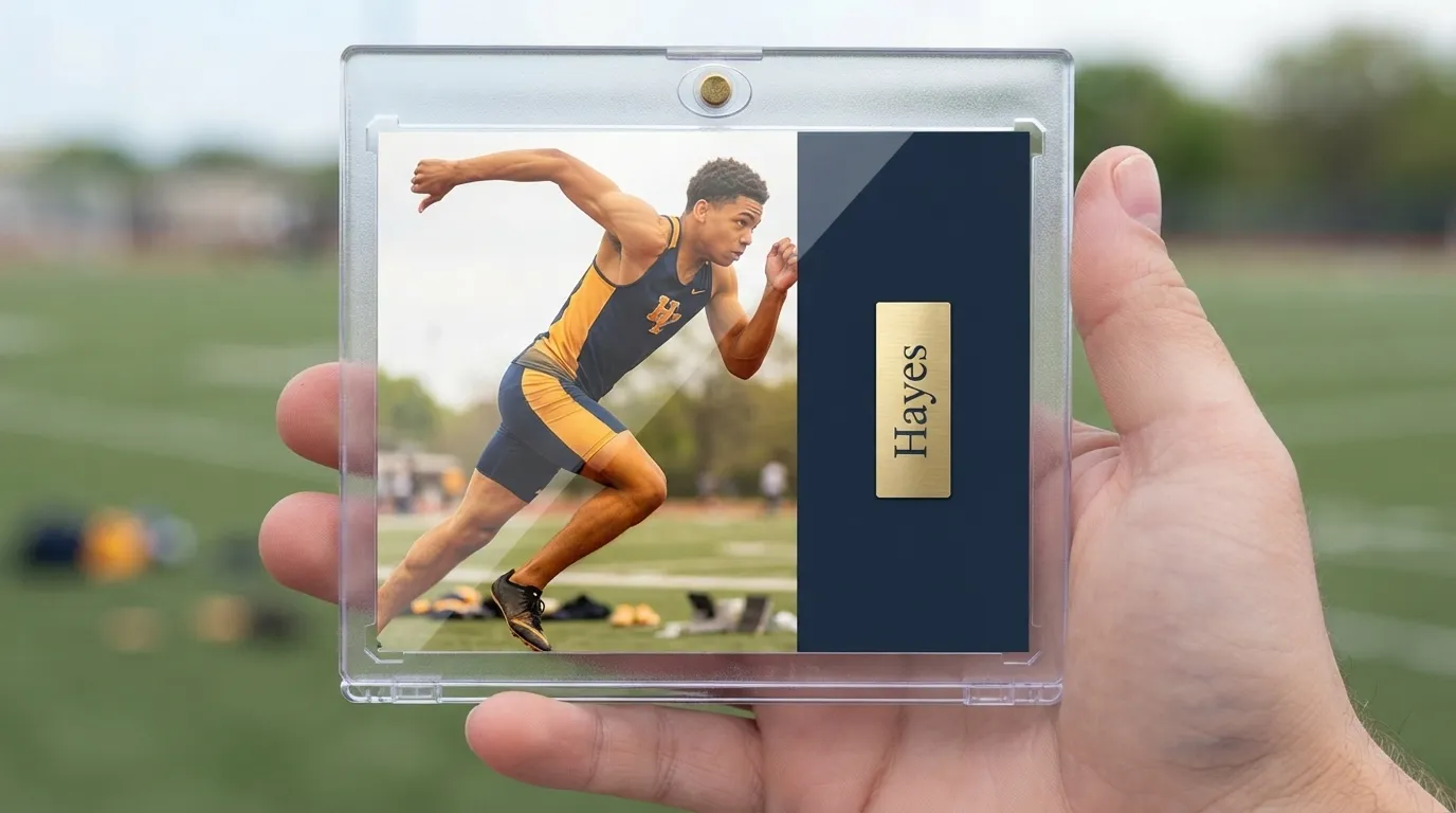 Hand holding magnetic case with sports gifts for 10 year olds trading card, split-layout sprinter design.