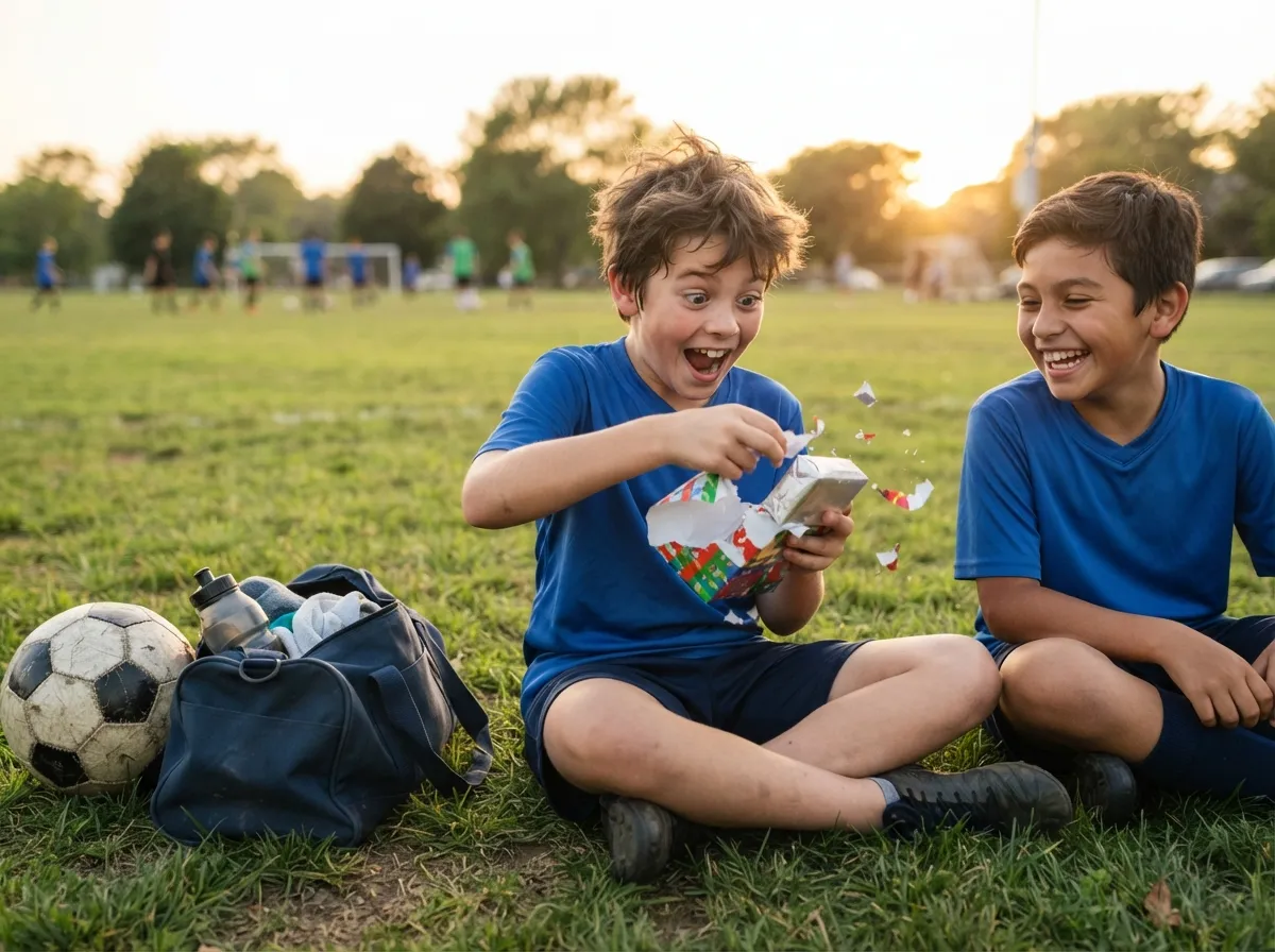 Young boy joyfully unwraps a sports gift on a sunny athletic field with a friend.