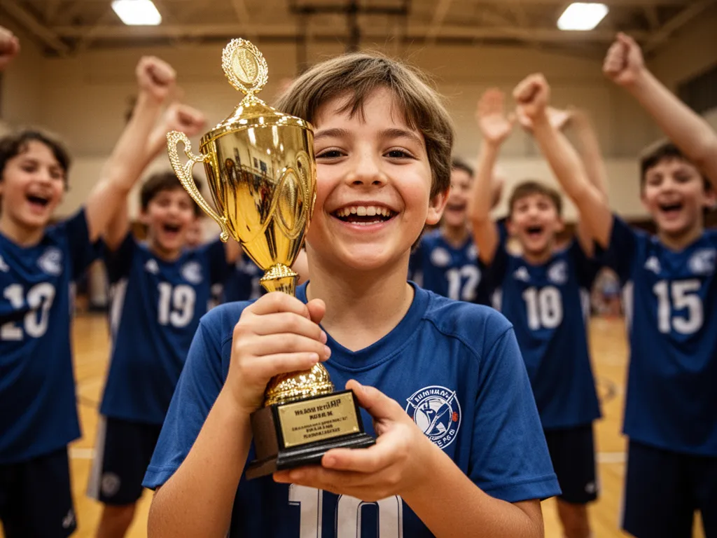 Child holding sports trophy with proud expression while teammates celebrate in soft background