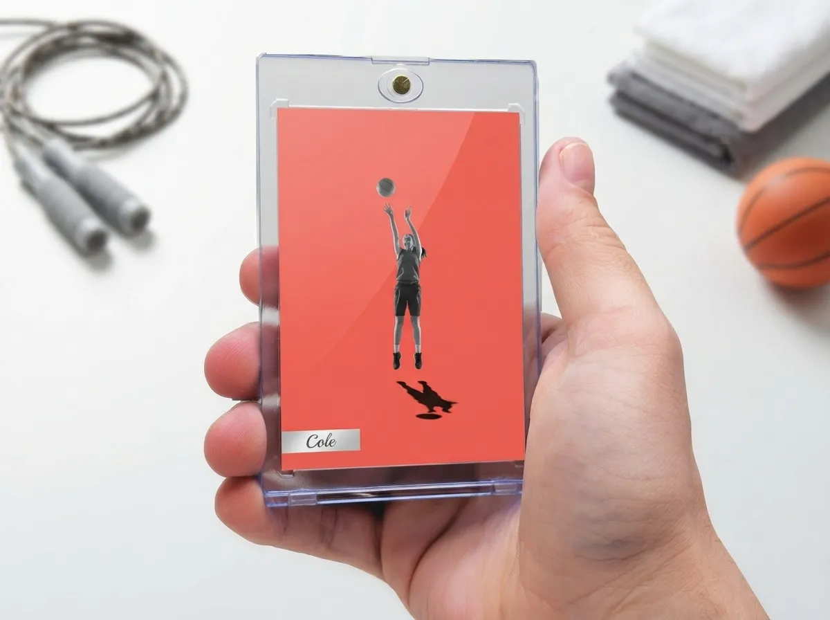 Custom sports trading card in magnetic case showing coral editorial basketball player design.