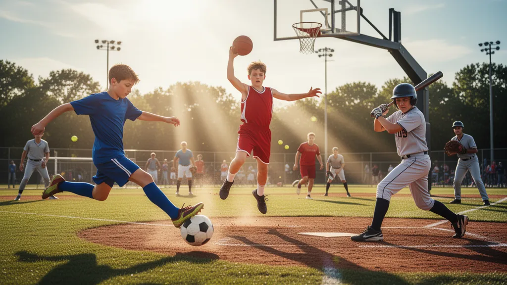 Young boys playing multiple sports outdoors in bright natural sunlight with dynamic athletic movement