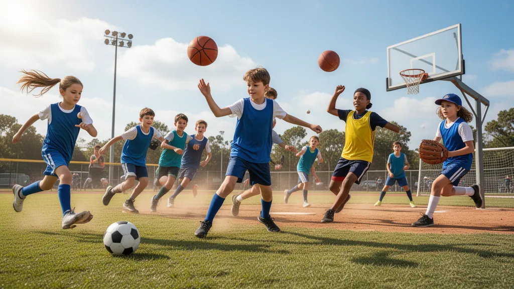 Young athletes in motion playing multiple sports outdoors in natural daylight with energetic dynamic movement