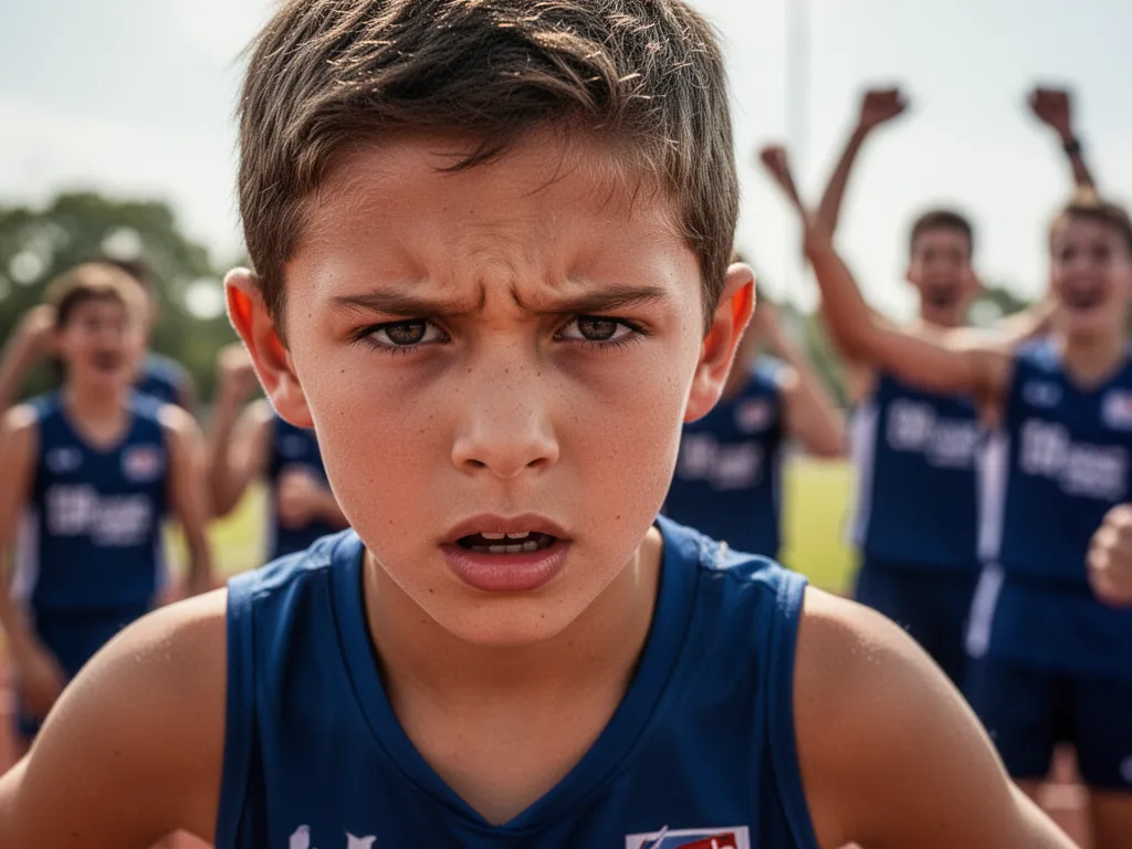 Young athlete's determined face showing concentration and focus during sports competition outdoors