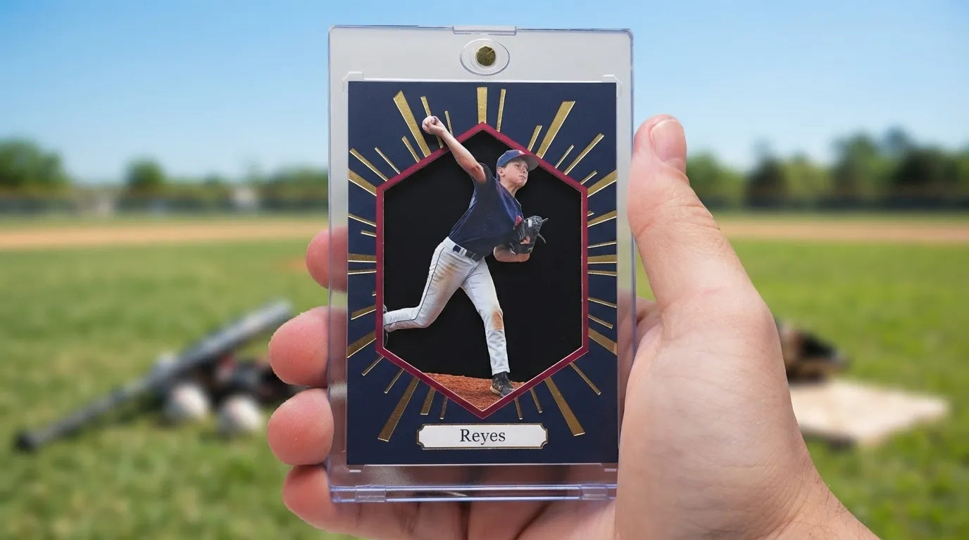 Hand holding magnetic case with gold-foil baseball card, a top sports gift for 12 year old boy.