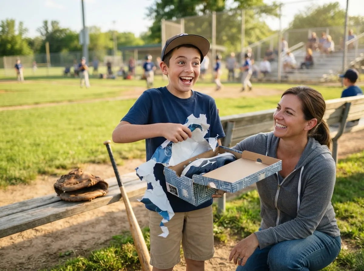 Boy on sports field joyfully unwraps a surprise gift with parent nearby.