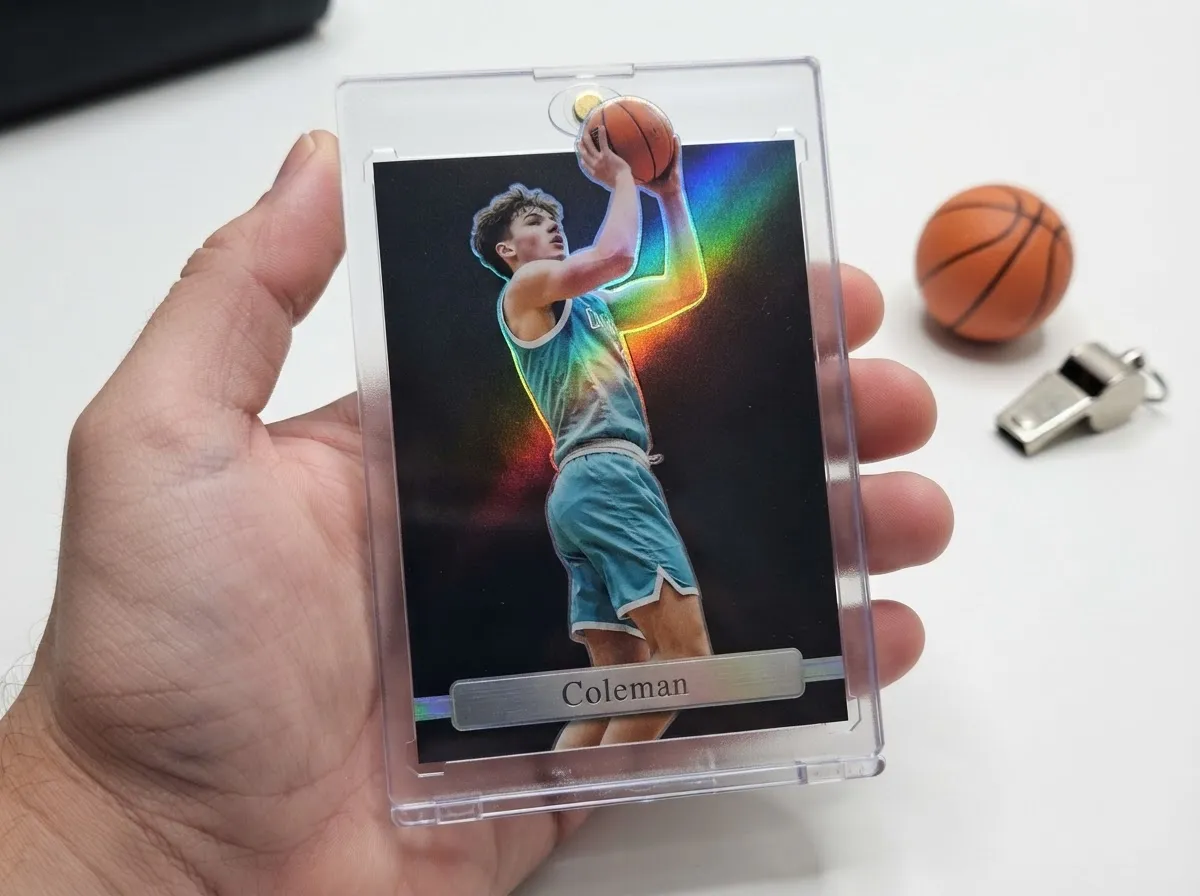 Custom basketball trading card in magnetic case, chrome finish, displayed in hand.