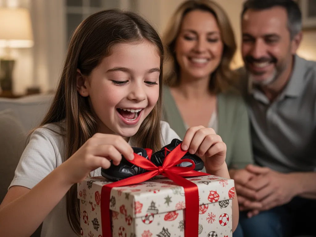 Young girl excitedly opening a sports gift while parents watch proudly indoors