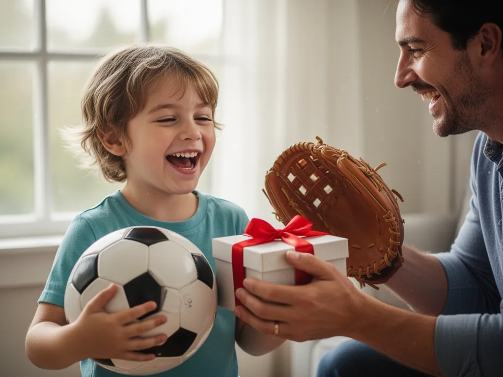 Child's joyful face receiving sports gift from parent indoors, showing genuine excitement and emotional connection.