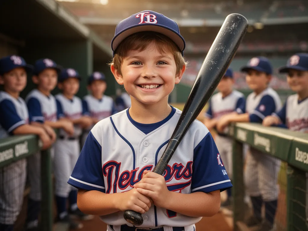 Young boy in baseball uniform smiling proudly while holding bat in dugout