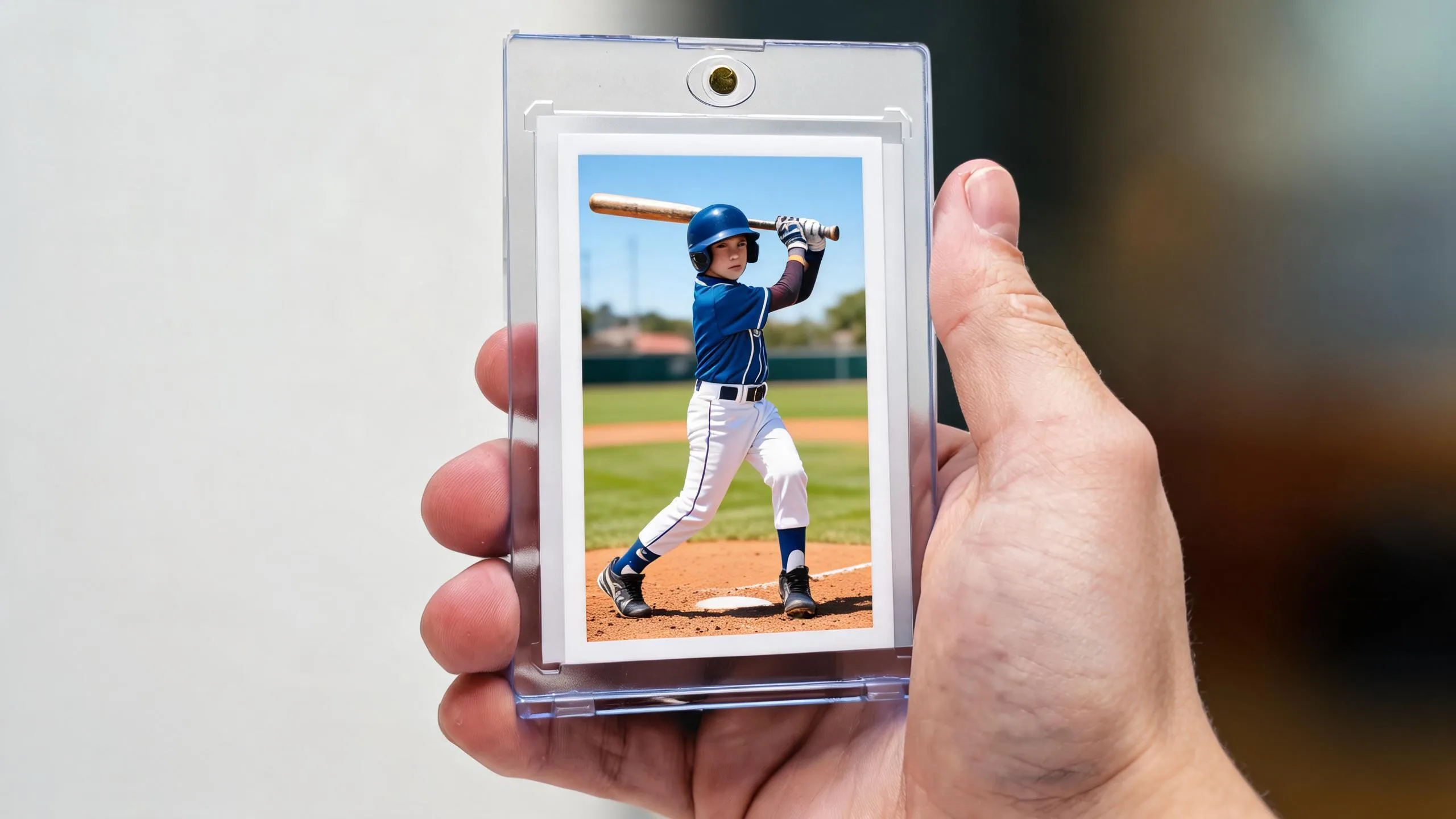 Hand holding magnetic case with baseball card, a top sports gift for 8 year old boy.