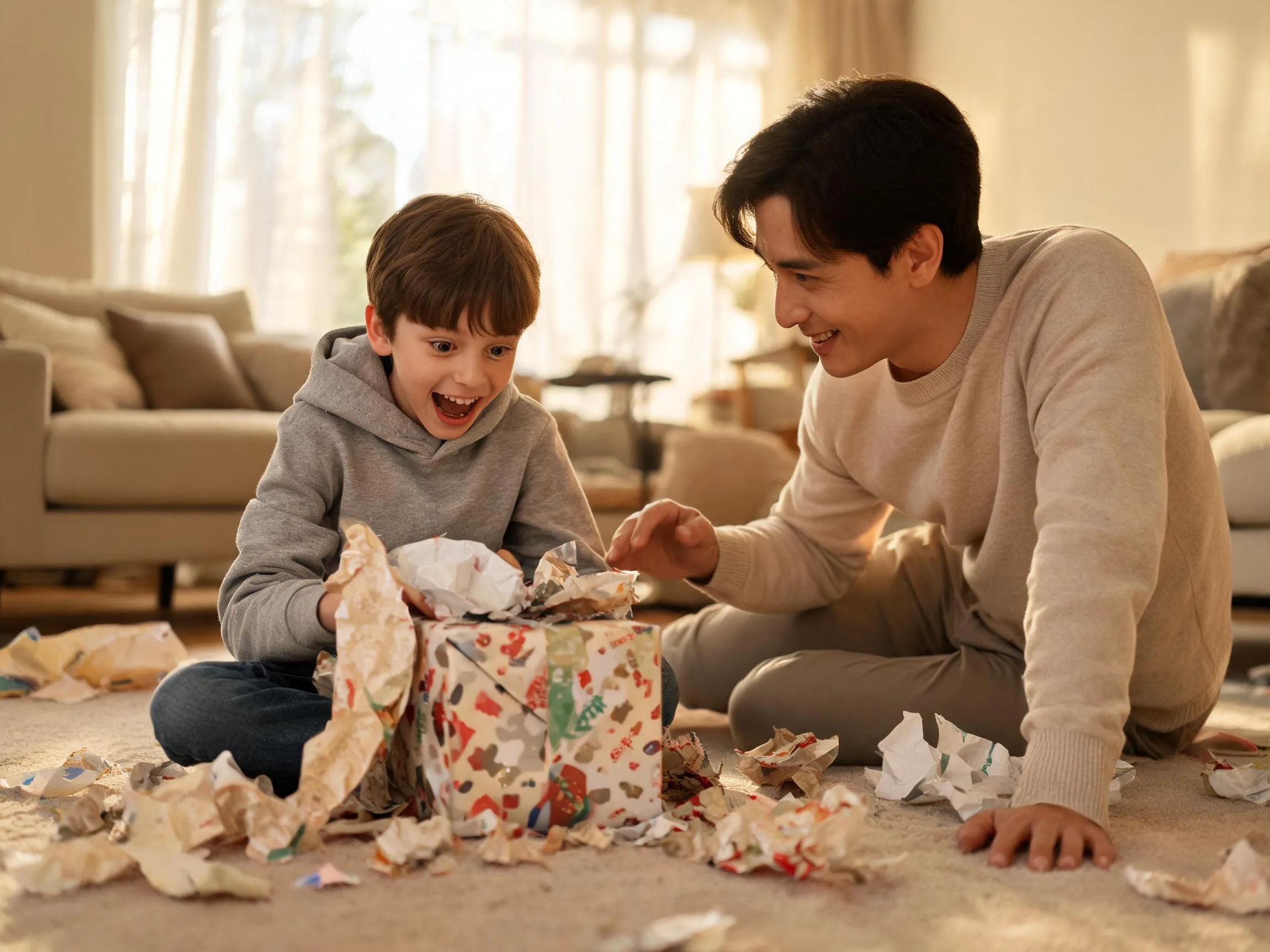Young boy joyfully unwrapping a surprise gift with his smiling parent nearby.