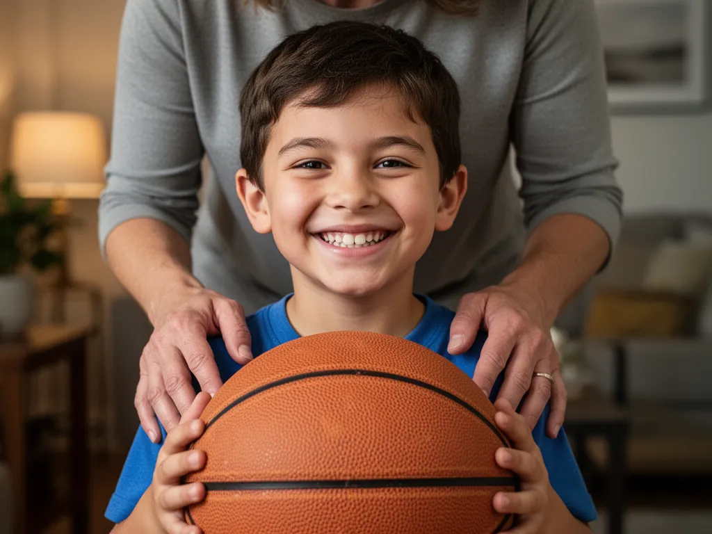 [Young boy smiling proudly while holding basketball with parent's supportive hands on shoulders]
