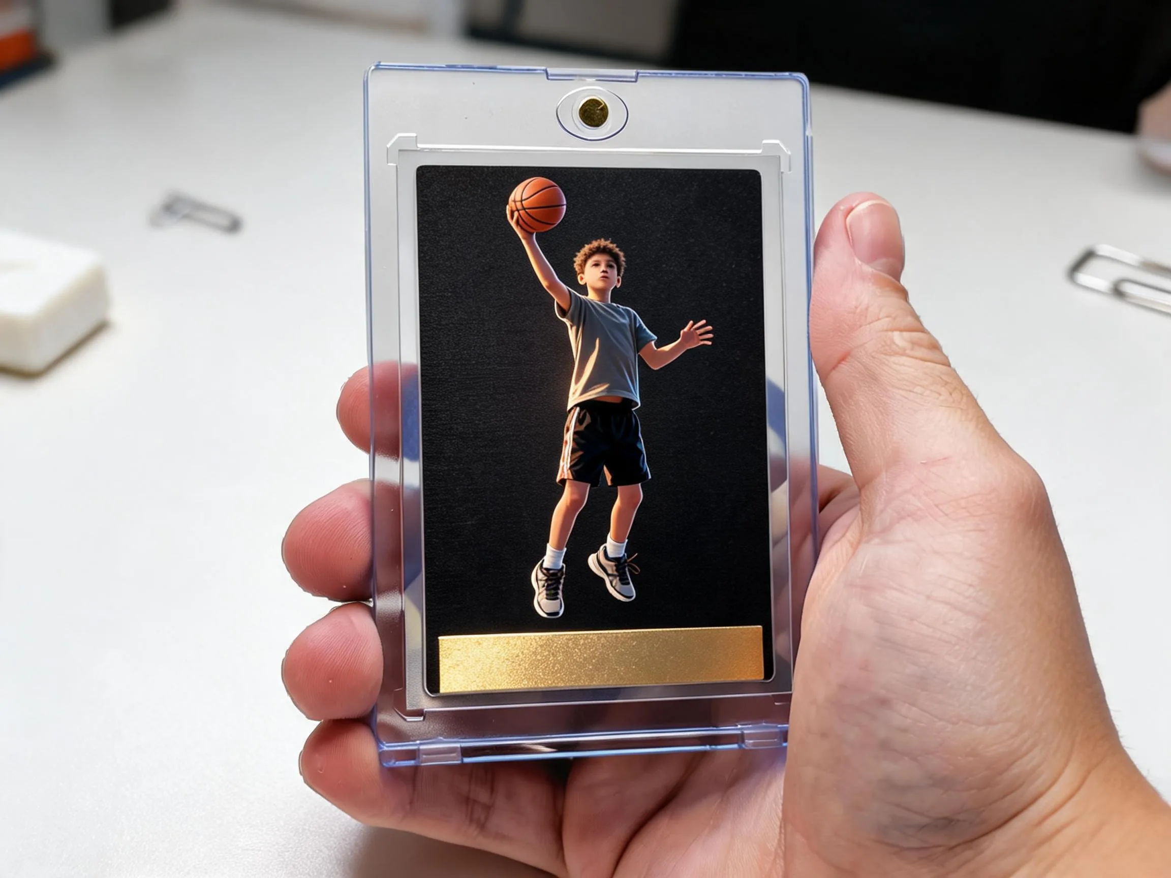 Custom keepsake basketball trading card displayed upright in a magnetic protective case.