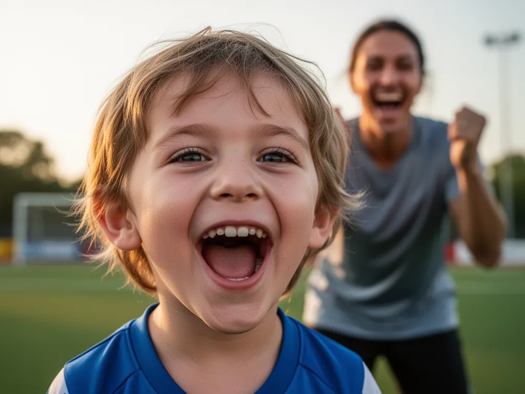 Young athlete smiling with parent celebrating encouragement during outdoor sports activity moment.