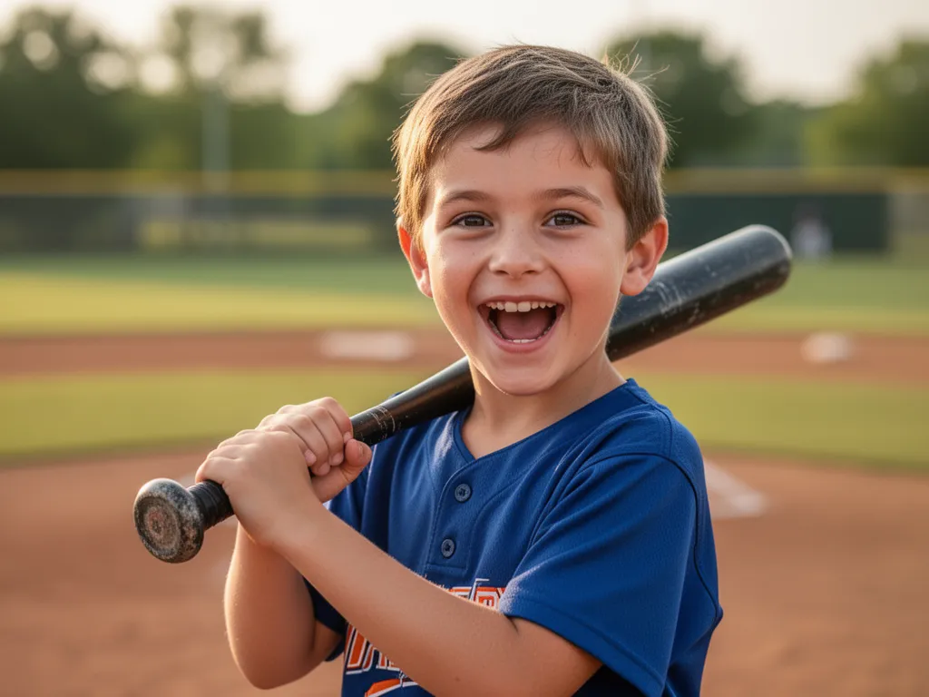 Young boy holding baseball bat outdoors with excited expression and genuine pride in his face.