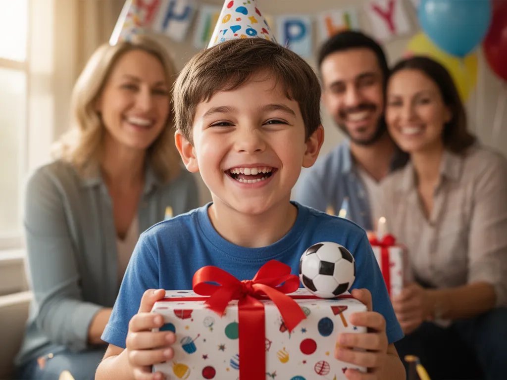 Young boy beaming with joy while holding sports gift as smiling parents watch during birthday celebration