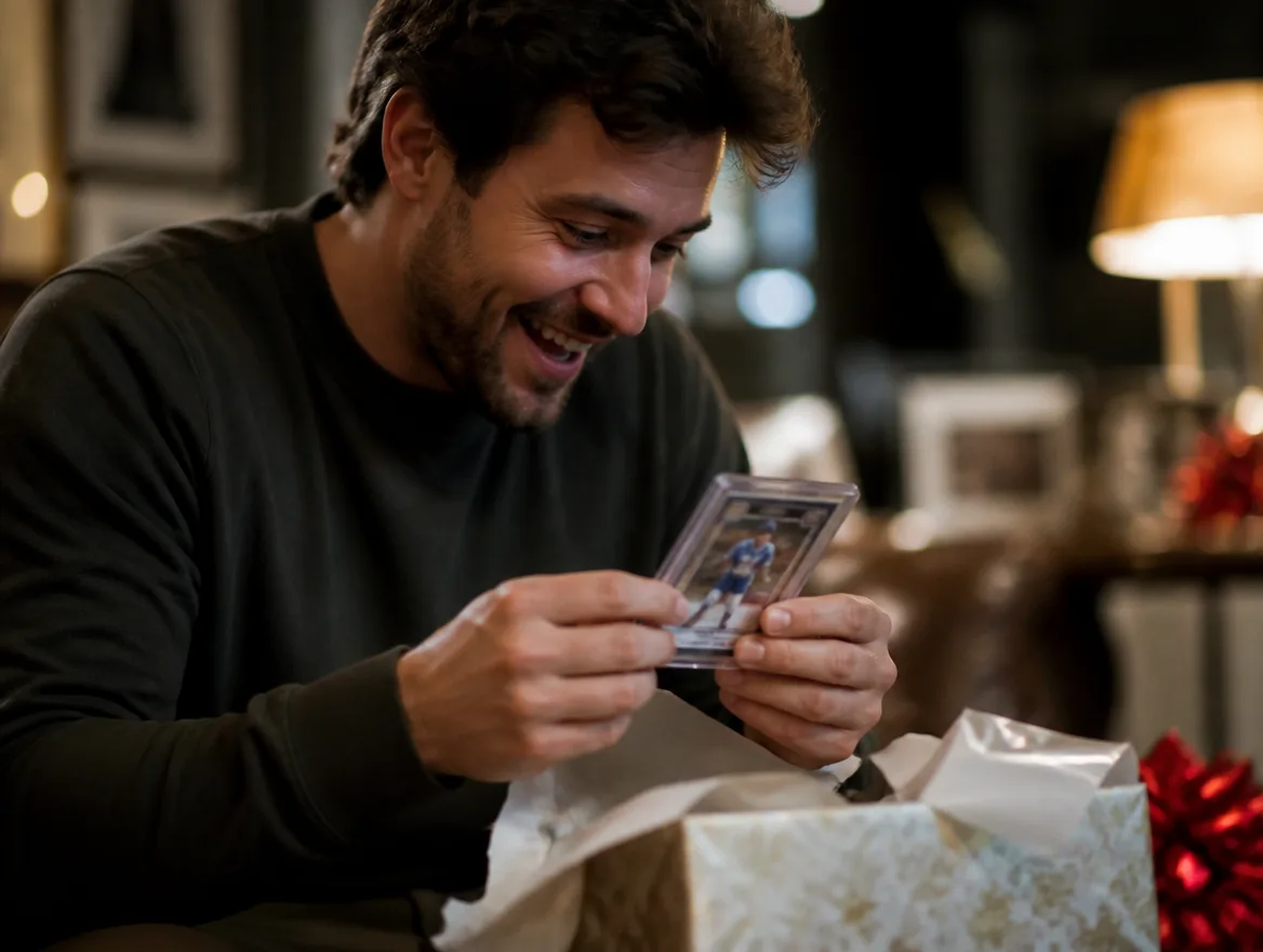 Adult unwrapping a premium sports trading card as a gift