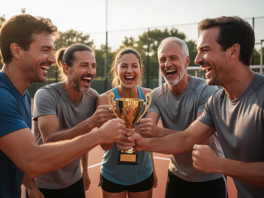 [Adult friends celebrating victory together with genuine joy and team camaraderie on sports field]