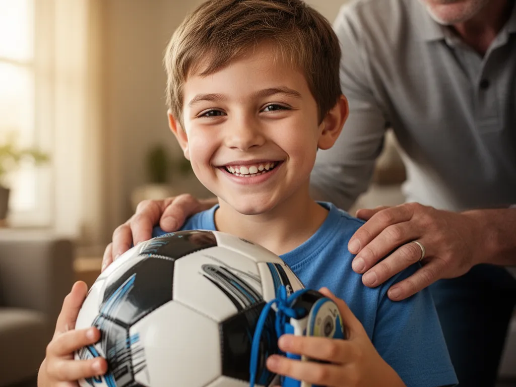 Young boy smiling while holding a sports gift with proud parent beside him indoors.