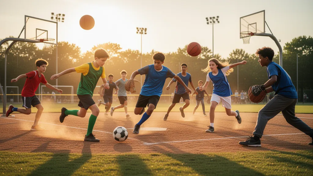 Young athletes playing multiple sports outdoors in dynamic action with natural sunlight