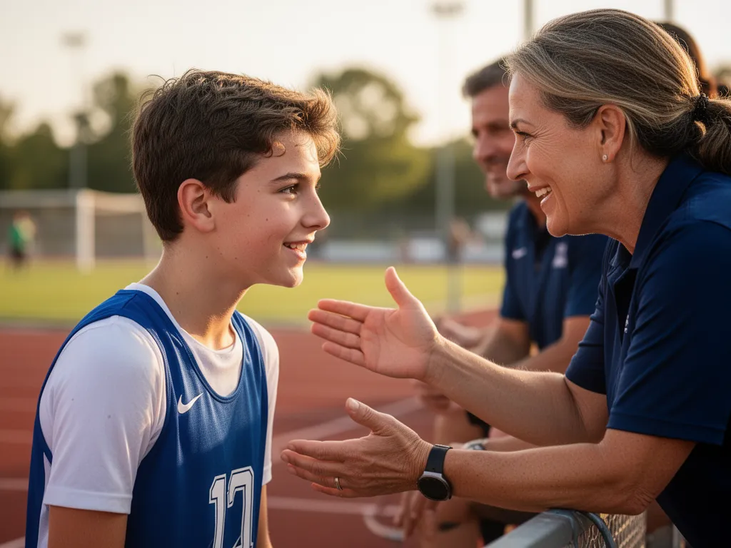 Young athlete receiving supportive guidance from coach or parent during outdoor sports moment
