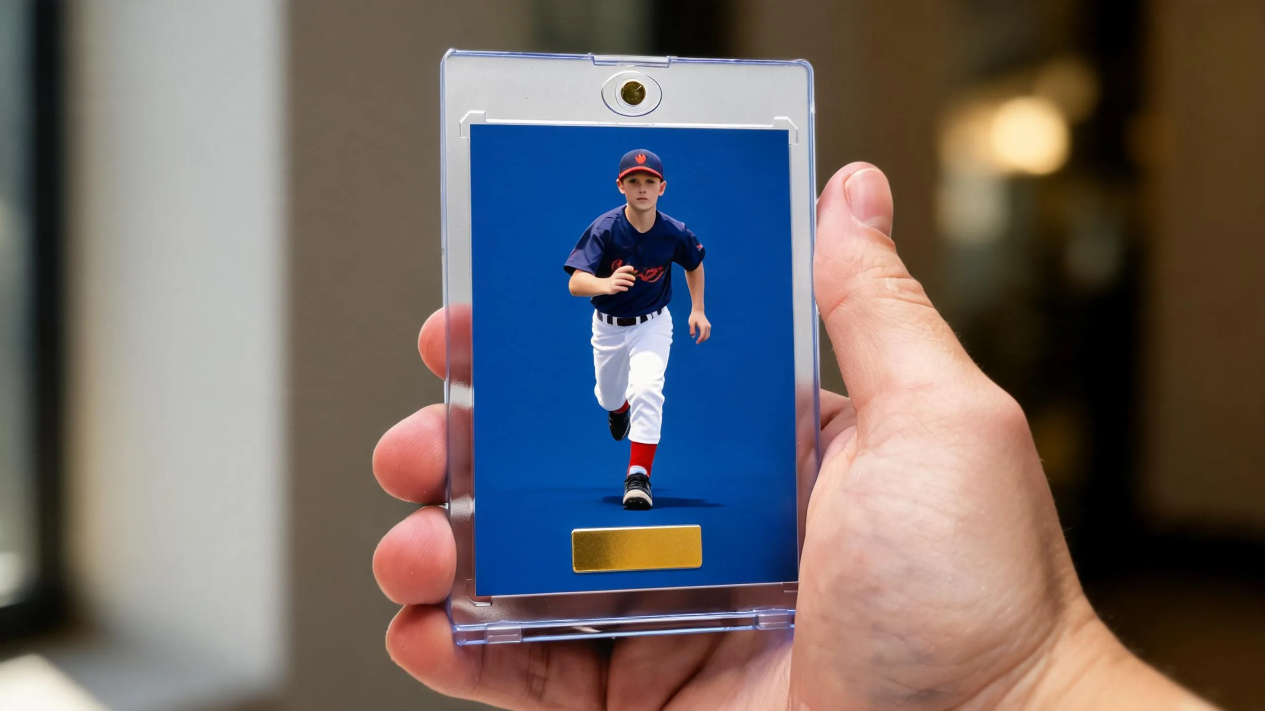 Hand holding sports gifts for dad magnetic acrylic case with custom athlete trading card inside.