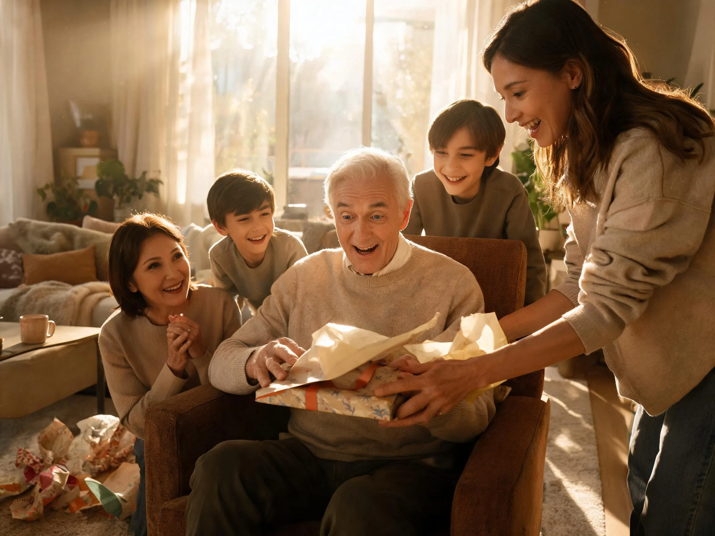 Family gathered warmly as father reacts with joyful surprise while unwrapping a gift.