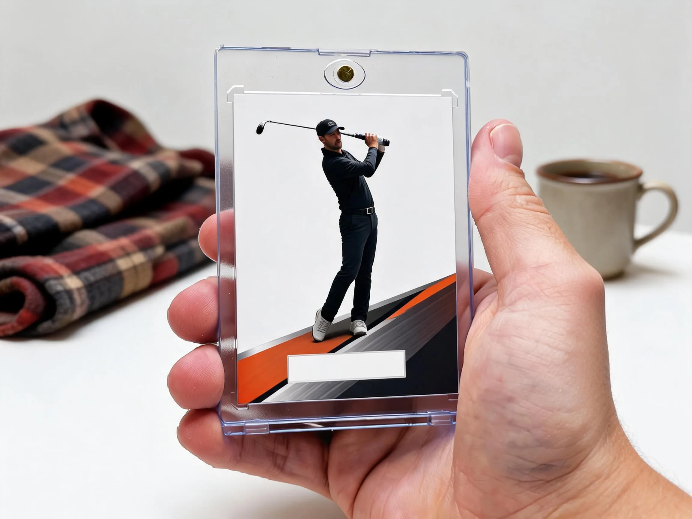 Custom keepsake trading card displayed upright in a clear magnetic protective case.