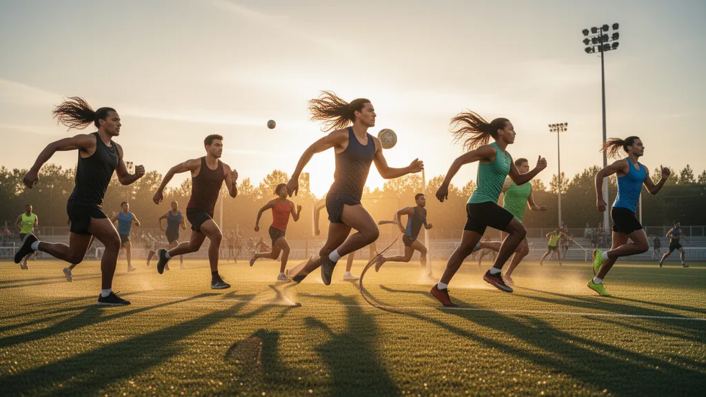 Multiple athletes in dynamic motion during outdoor sports activities with natural golden lighting
